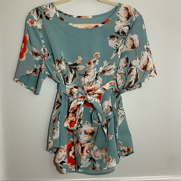 Tops - Light Blue Floral Top with Belt